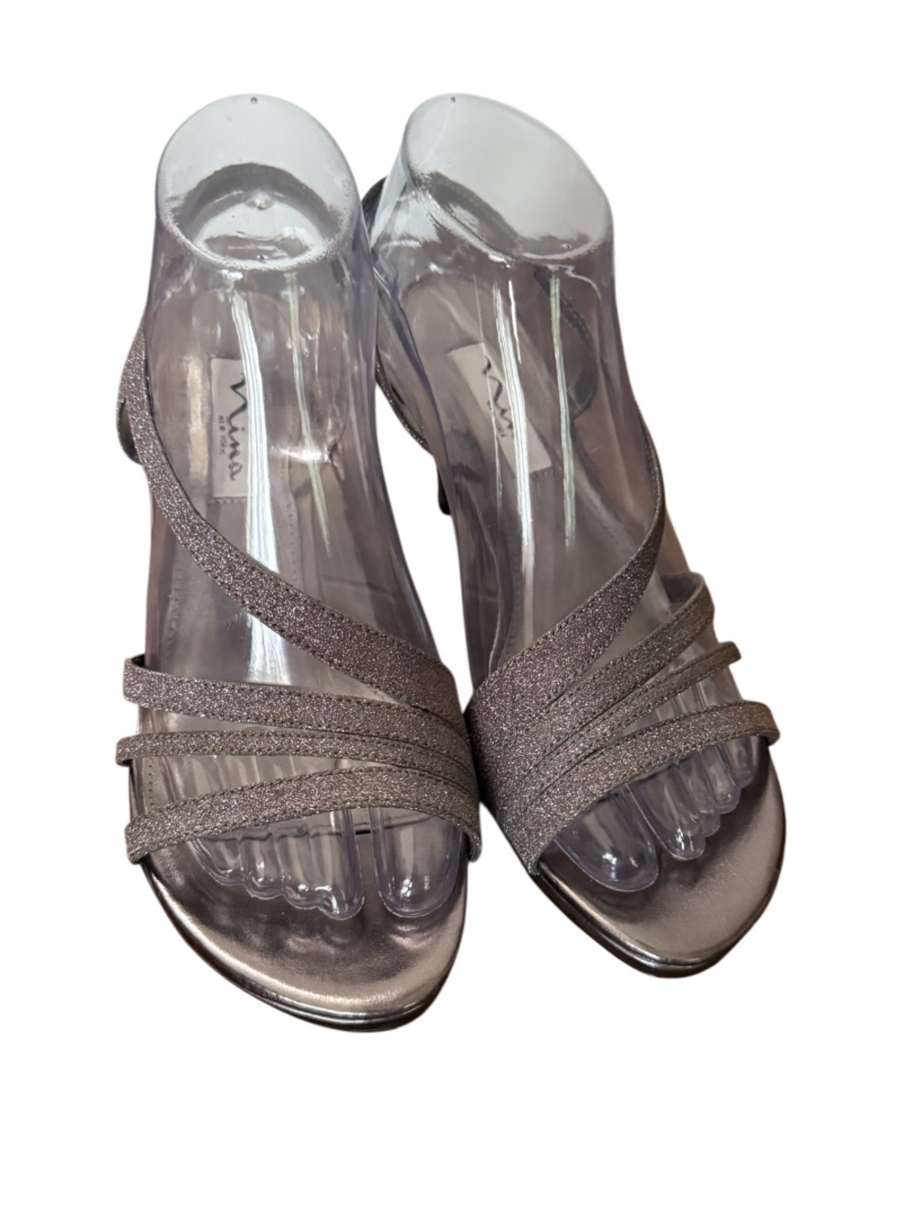 Nina Metallic Silver Pewter Strappy Low Heel Sandals-Size 7.5 Like New